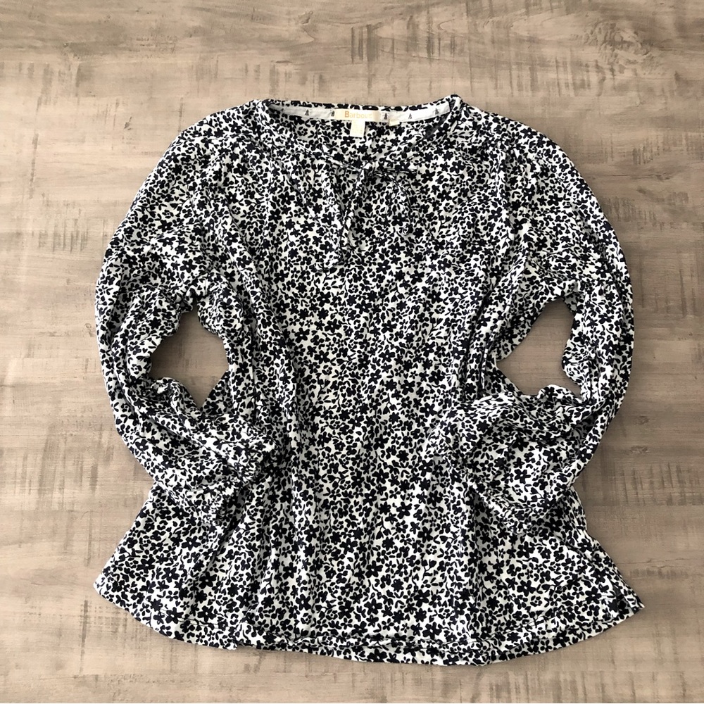 Barbour Seaholly Top Floral White Navy 3/4 Sleeves Tie Neck Boxy Cropped XS 4 S